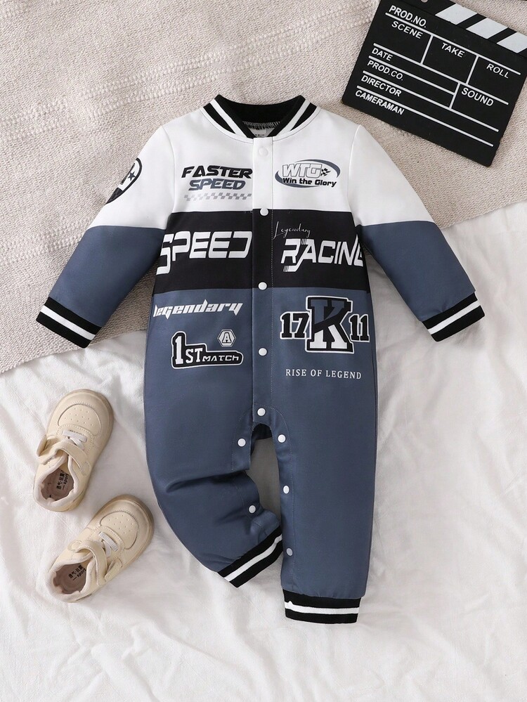 SHEIN Playful Pals Baby Boy Outdoor Fashion Sweatshirt Fabric Jumpsuit With Racing Car Print In White, Black & Red - Grey - View 1
