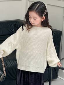 DAZY Young Girls Open Shoulder Bow Knit Sweater, Fresh Korean Style, Long Sleeve Fall,Winter - White - View 3