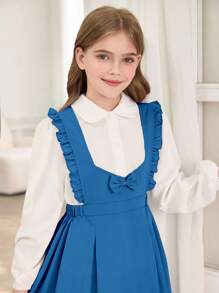 Set di gonna a balze con fiocco e bretelle e maglietta bianca per ragazze pre-adolescenti, stile casual da scuola, completo da divisa scolastica - Blu - Visualizzare 5