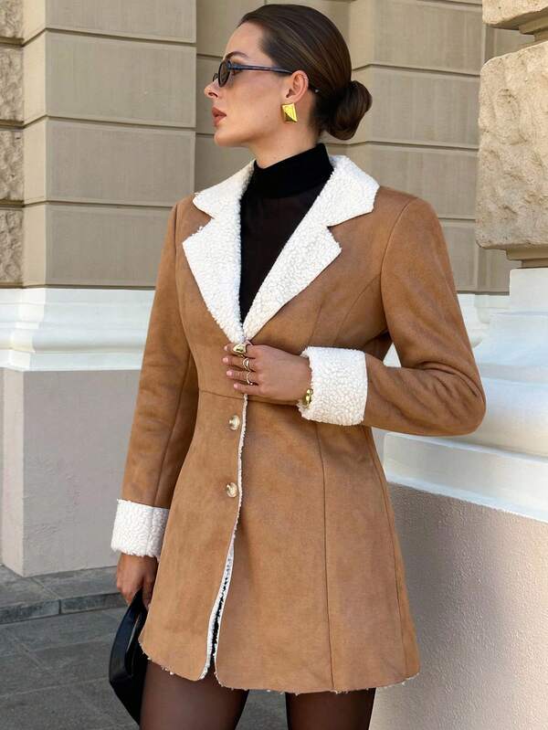 Lavishia Faux Suede & Fur Collar Mid-Length Warm Turndown Collar Long Sleeve Casual Outerwear In Fall/Winter Women's Winter Coat Fall Elegant Brown,Winter Clothes For Women