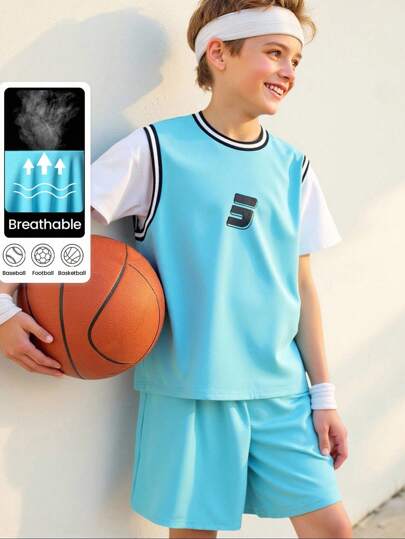 JNSQ Back To School Outdoor Sports Short Sleeve Shorts Uniform Set, Kids Round Neck Patchwork Contrast Color Funny Print Outdoor Sports Short Sleeve Jersey Set