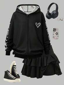 Teen Girl Street Punk Rock Girl Street Culture Oversized Anime Loose Zip-Up Sweatshirt - Black - View 5