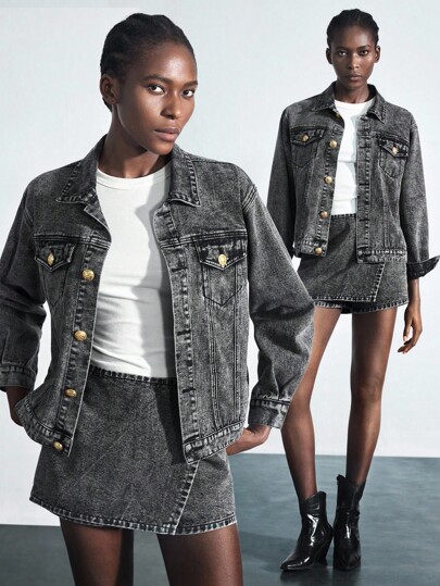 Maija Women's Black Denim Jacket Long Sleeve Coat With Gold Buttons Cool Y2K Retro Old Money Style Autumn Wear Black Jean Jacket Fall Women Clothes