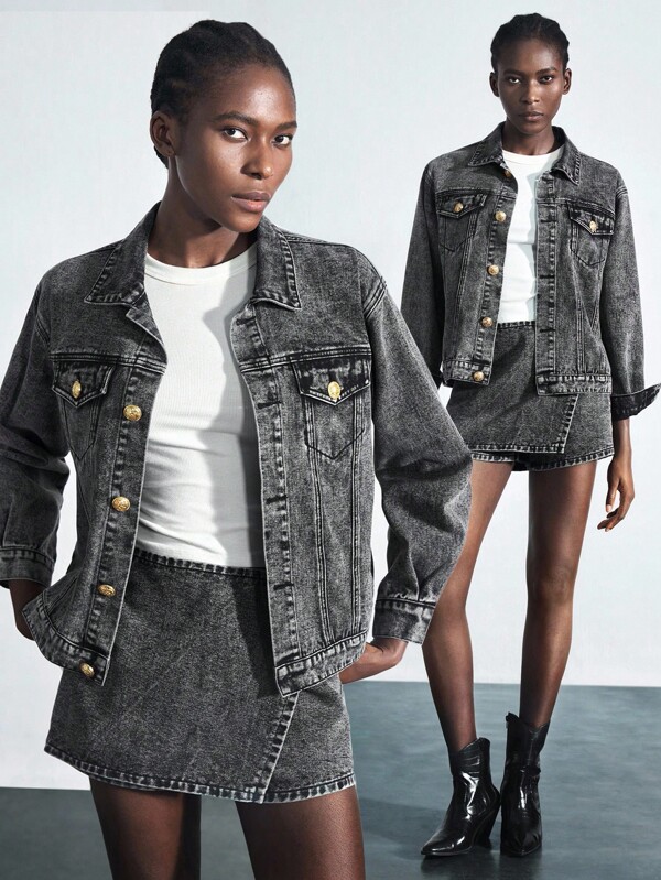 Maija Women's Black Denim Jacket Long Sleeve Coat With Gold Buttons Cool Y2K Retro Old Money Style Autumn Wear Black Jean Jacket Fall Women Clothes