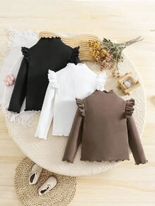 SHEIN Young Girl Solid Color Knit Long Sleeve T-Shirt, Cute & Versatile, Autumn/Winter Fall - Brown - View 4