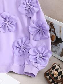 SHEIN 青少年女孩宽松休闲简约舒适圆领套头衫，带有 3D 花卉装饰 - 紫色 - 查看 5