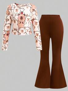 SHEIN 青少年女孩宽松休闲舒适圆领卡通印花T恤和喇叭裤套装 - 卡其色 - 查看 3