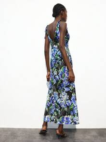 Maija 女式 U 领系带腰优雅花卉印花缎面长裙，休闲度假连衣裙，适合通勤、商务、办公室、教师、万圣节、圣诞派对、海滩度假 - 紫色 - 查看 4