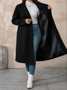 SHEIN Tall CURVE 大码女式纯色翻领长袖休闲羊毛长大衣，秋冬 - 黑色 - 查看 7