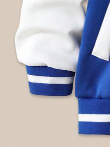 Casuvi Kids Young Boys Blue Letter Pattern Paneled Baseball Jacket,Autumn/Winter.2025 Back-To-School Season Kids College Outfits And Campus Sportswear - Blue - View 5