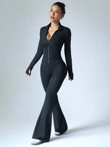 Dewbera 女式简约纯色拉链夹克和高腰喇叭裤运动套装 - 黑色 - 查看 5
