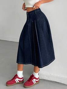 EURMUSE Solid Color Slant Pocket Fold Pleated Denim Midi Skirt Raw Wash - Dark Wash - View 4