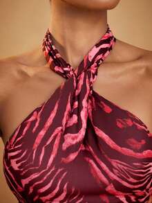 Hauture Animal Print Cross Halter Maxi Dress - Rust Brown - View 2
