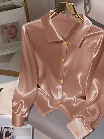 GlowEve Women's Solid Color Long Sleeve Metallic Flower Button Design Elegant Blouse Fall Cloth For Women