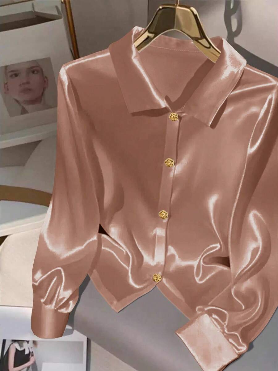 GlowEve Áo cánh tay dài màu trơn thiết kế cúc hoa kim loại thanh lịch cho nữ - Đồng - Xem 1