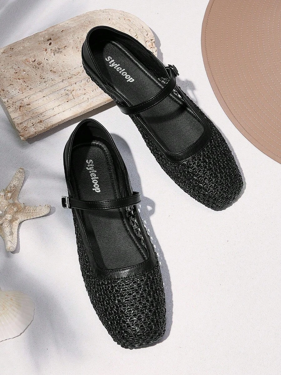 女士圆头低跟黑色编织网眼面料时尚简约优雅杏色扣平底鞋，适合万圣节、圣诞节、秋季 - 黑色 - 查看 1