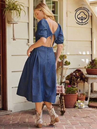 WESTFADE Scoop Neck Short Puff Sleeve Bow Tie Back Cut Out Drop Waist A Line Cotton Blend Midi Dress Western Boho Cowgirl Summer Beach Vacation Outfit