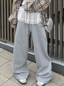 FRIFUL Women's Gray Solid Color Waist Drawstring Patchwork Polka Dot Mesh Flared Loose Casual Straight Pants, Suitable For Airport Travel, Autumn - Grey - View 6