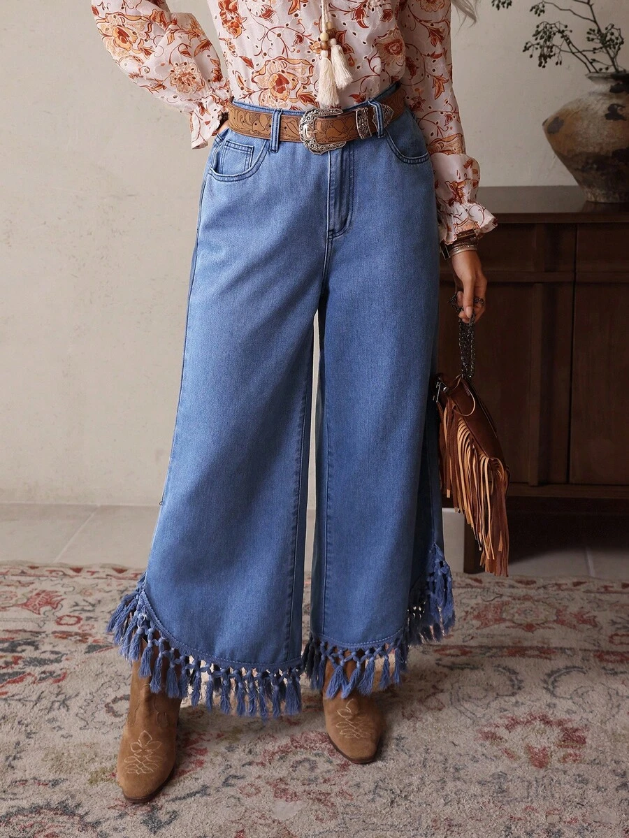 SHEIN LUNE Women's Casual Fringe Hem Wide Leg Cowboy Jeans - Blue - View 1