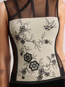ROMWE Avant Chinese Neo-Traditional Style Beaded Embroidery Sheer Back Top For Women - Black - View 5