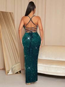 SHEIN SXY Prom Dress;Lace Up Backless Split Thigh Sequins Cami Dress - Dark Green - View 2