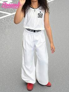 SHEIN Explorewe Conjunto informal de top de tirantes con estampado de números y pantalones palazzo para niña preadolescente - Blanco - Ver 1