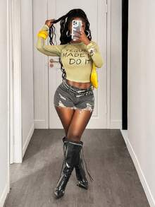 BamGleam Áo thun nữ cổ tròn tay raglan in khẩu hiệu, dáng ôm, cắt cúp - Màu vàng - Xem 4