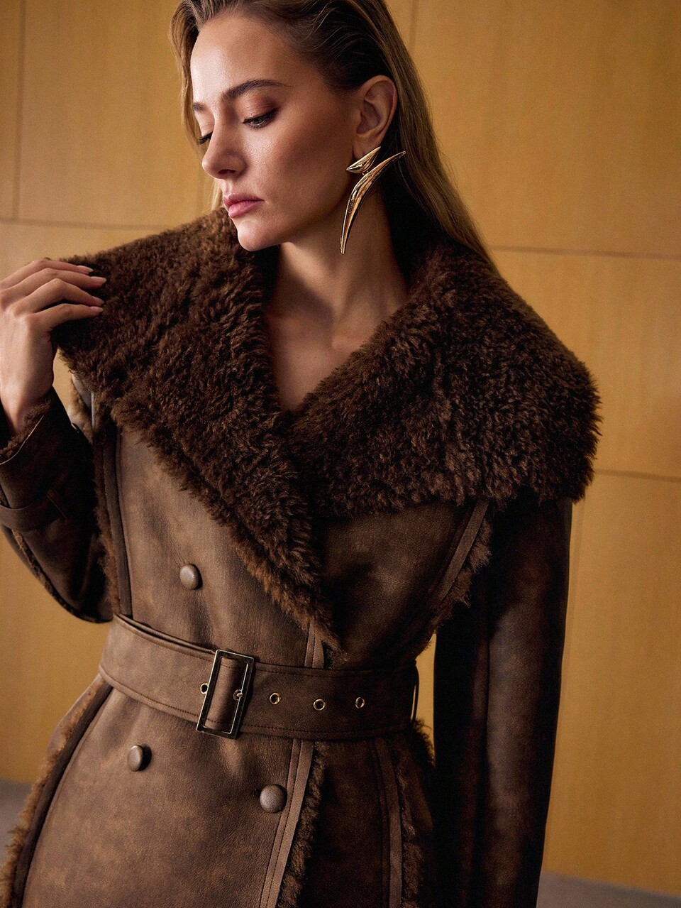 DOUBLE BREASTED BELTED FAUX FUR COAT