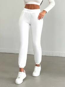 EURMUSE Casual Solid Color Drawstring Waist Jogger Pants - White - View 3