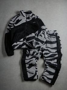 Manfinity EMRG Men's Casual Contrast Color Patchwork Sweatshirt And Sweatpants Set, Autumn/Winter, Men Fleece Sweatsuit Set, Men Fleece Tracksuit, Men 2 Pieces Fleece Set, Men Zebra Print Sweatsuit, Men Joggers Set, 2000s Style - Multicolor - View 1