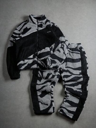 Manfinity EMRG Men's Casual Contrast Color Patchwork Sweatshirt And Sweatpants Set, Autumn/Winter, Men Fleece Sweatsuit Set, Men Fleece Tracksuit, Men 2 Pieces Fleece Set, Men Zebra Print Sweatsuit, Men Joggers Set, 2000s Style