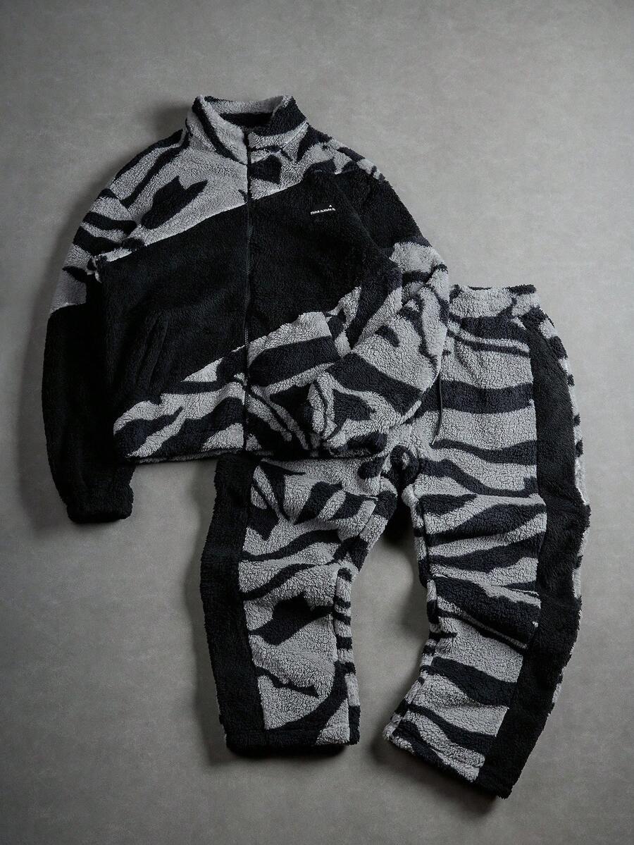 Manfinity EMRG Men's Casual Contrast Color Patchwork Sweatshirt And Sweatpants Set, Autumn/Winter, Men Fleece Sweatsuit Set, Men Fleece Tracksuit, Men 2 Pieces Fleece Set, Men Zebra Print Sweatsuit, Men Joggers Set, 2000s Style - Multicolor - View 1