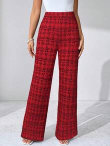 SHEIN Clasi 夏季优雅女士格纹印花弹力针织裤，适合各种场合，适合夏季度假、优雅旅行、日常通勤 - 紅色 - 查看 4