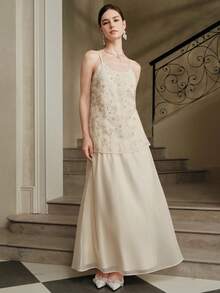 Anewsta 女式优雅长款杏色修身重珠花卉吊带裙 - 杏色 - 查看 4