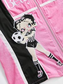 Betty Boop | ROMWE 女式拼色卡通人物图案拉链短袖衬衫 - 粉色 - 查看 4
