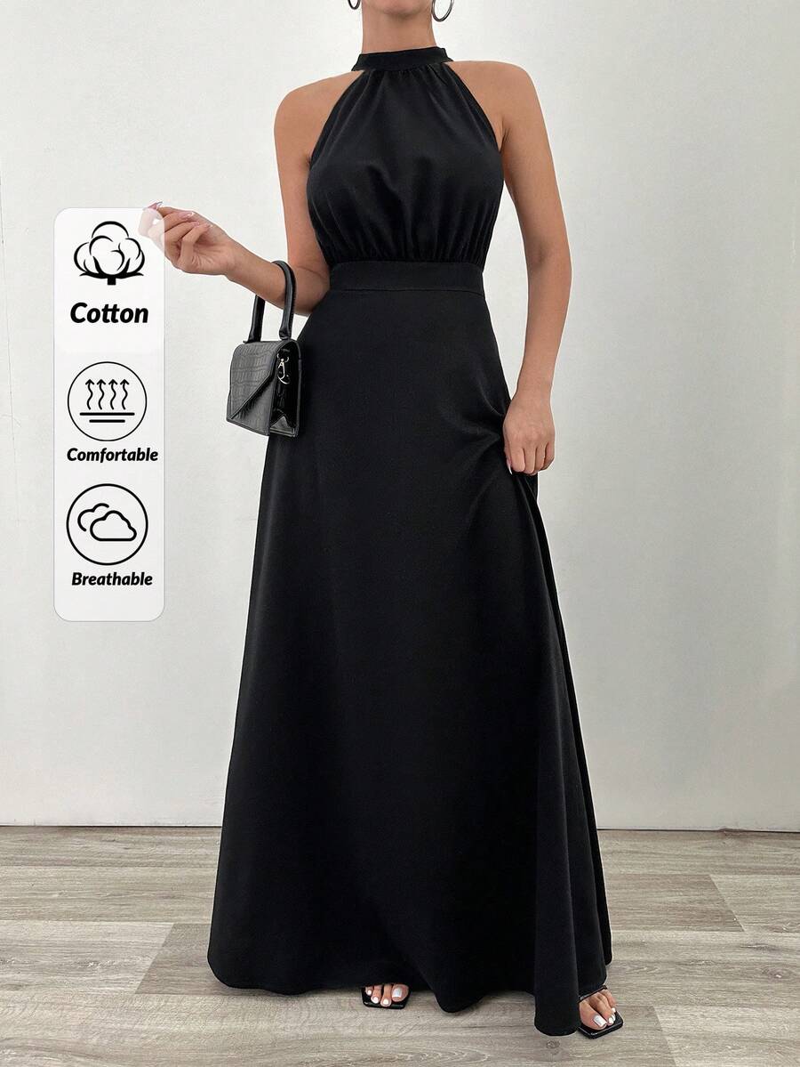 EURMUSE Halterneck Detailed Fish Form Long Dress - Black - View 1