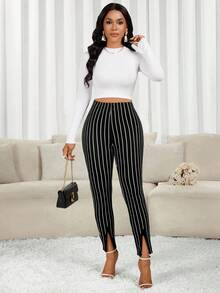 SHEIN Lady 女式纽扣腰设计松紧腰紧身休闲裤 - 彩色 - 查看 7