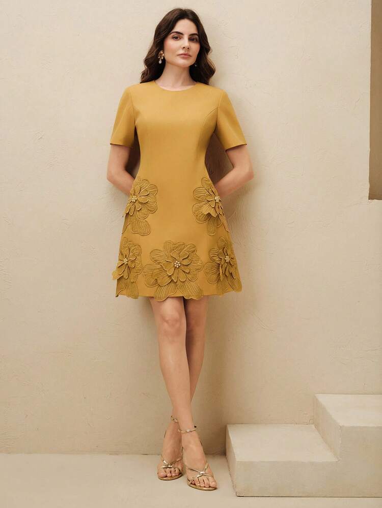 Elegant 3D Applique Short Sleeve Waist Cinching Stylish Casual Dress For Women, New Autumn