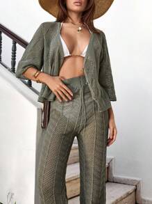 SHEIN Tall 女式高腰两件套钩针沙滩装套装 - 短袖纽扣上衣和高腰半身裙