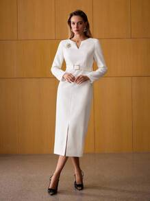 MOTF PREMIUM Váy xẻ tà có thắt lưng - trắng - Xem 6
