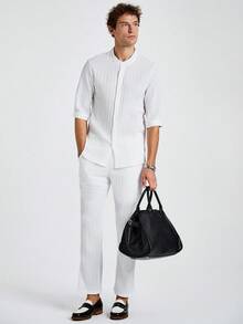 Marvello Homme 男士纯色春夏休闲纯色短袖衬衫和长裤套装，适合丈夫 - 白色 - 查看 4