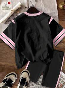 SHEIN Leap Crew 带有 28 号的超大号运动服，休闲时尚图案 T 恤，适合夏季轻松舒适，休闲装，酷装系列，返校季，基础款，儿童图案 T 恤，韩版风格，服装 - 彩色 - 查看 2