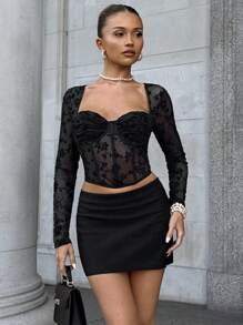 Glamine 女式甜心领花朵植绒网眼荷叶边长袖短款修身时尚衬衫 - 黑色 - 查看 3