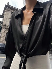 DAZY Camisa de mujer con diseño de cinturón, unicolor, manga larga - Negro - Ver 5