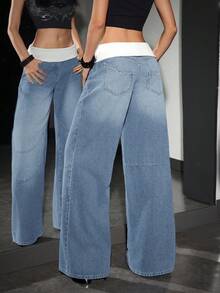 SHEIN Unity Damen Kontrast-Farbe Super Tief Taillierte Weite Jeans - Helle Waschung - Übersicht 2