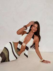 Aloruh 女士春夏新款钩针编织两件套，优雅性感度假风沙滩装，吊带露背短款上衣+超低腰镂空长裙，秋冬新款女士毛衣套装 - 咖啡棕 - 查看 2