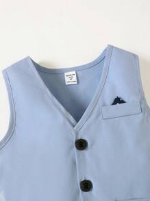 SHEIN 年轻男孩多件套绅士正装套装 - 背心、领结、裤子，非常适合婚礼、婚礼宾客、花童、戒童，秋冬 - 藍色 - 查看 3