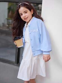 年轻女孩休闲百搭字母刺绣夹克 - 藍色 - 查看 4