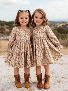 Emery Rose Kids Emery Rose Kids 年轻女孩年轻女孩双胞胎女孩碎花圆领泡泡袖修身休闲蛋糕 A 字连衣裙，秋冬新品，年轻女孩，妈妈 & 姐妹 & 我搭配。返校 - 卡其色 - 查看 2