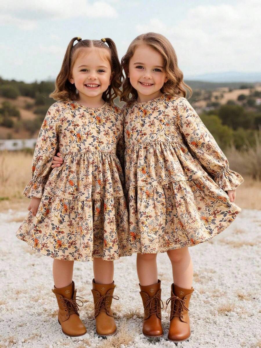 Emery Rose Kids Emery Rose Kids 年轻女孩年轻女孩双胞胎女孩碎花圆领泡泡袖修身休闲蛋糕 A 字连衣裙，秋冬新品，年轻女孩，妈妈 & 姐妹 & 我搭配。返校